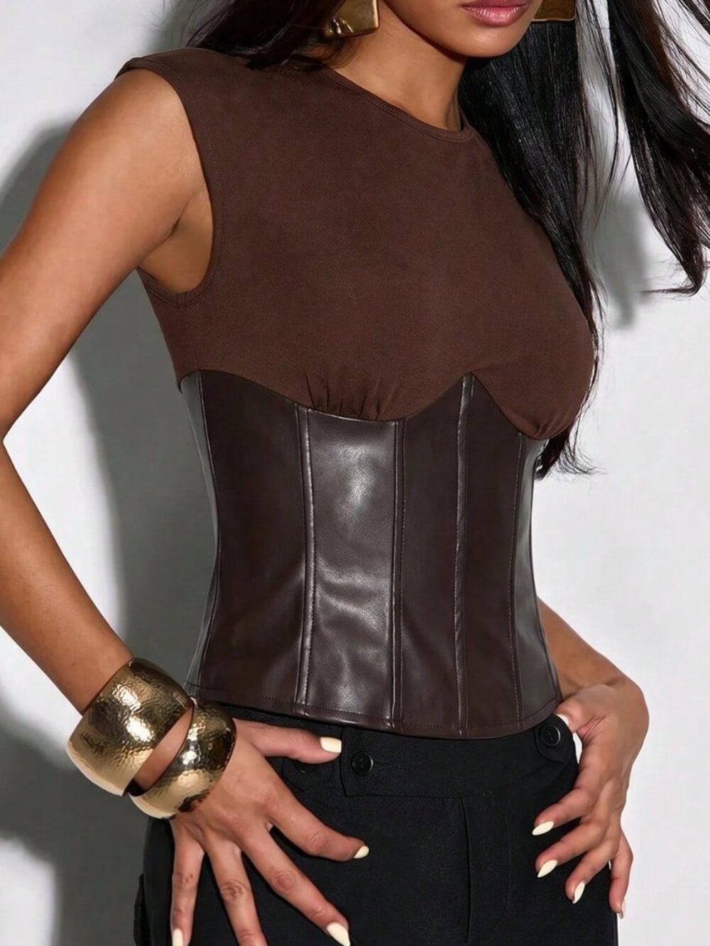 Brown Casual Women's Streetwear Sexy Patchwork Top - Picture 5 of 7